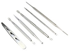 Set of 6 Blackhead Comedone Spot Remover Nail File Tweezer Premium Beauty Kit