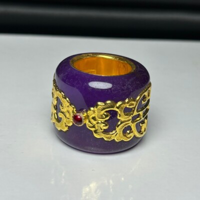 Certified Nature inlay Ice violet Burmese Jade Jadeite Amulet archery thumb Ring