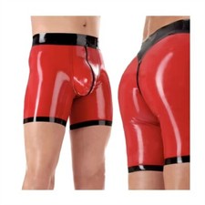 Men Latex Boxer Panties Red with Black Trims Front Zip Shorts Rubber Underwear