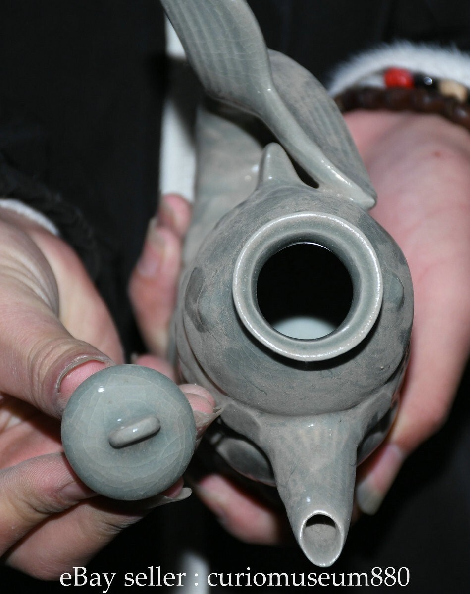 7.2" Old Chinese Ru Kiln Blue Glaze Porcelain Fish Lid Wine Tea Pot Flagon