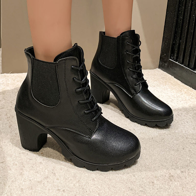 Autumn Winter Ankle Boots Womens Block Heel Lace Up Round Toe Riding Boots Shoes