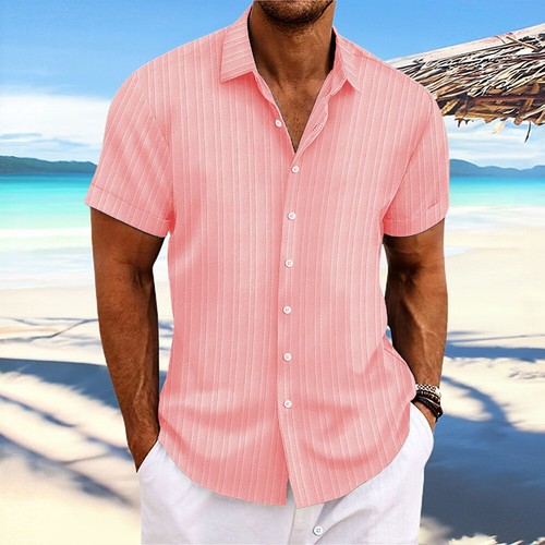 Mens Striped Button Down Shirts Grandad Summer Short Sleeve Casual T Shirt Tops - Picture 38 of 38