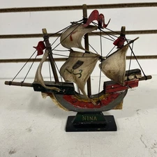 Vintage Wooden Miniature Nina Ship Sailboat Nautical Decor 9" x 7.5"