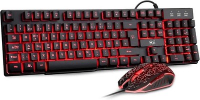 Gaming Tastatur Maus Set LED Hintergrundbeleuchtung PC QWERTZ Schwarz Rii