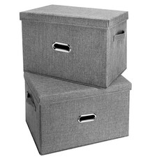 Large Linen Fabric Foldable Storage Bins with Removable Lid and Handles, Wash...