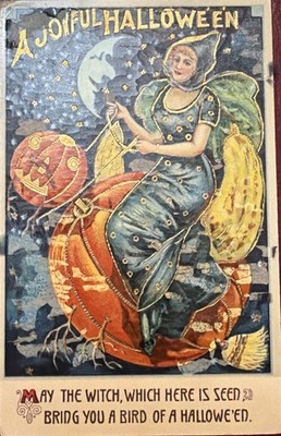 Antique German Halloween Postcard Witch Pumpkin Moon Embossed A Joyful Halloween