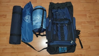 Andes Ramada Big Loader 120L, Eurohike Einzelluftbett, Schlafsack und Zelt.