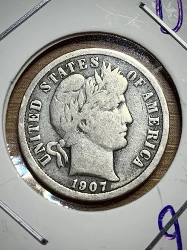 1907-P Barber Dime 90% Silver VG Wreath/Rim Circulated Details Sleeved FREE SHIP