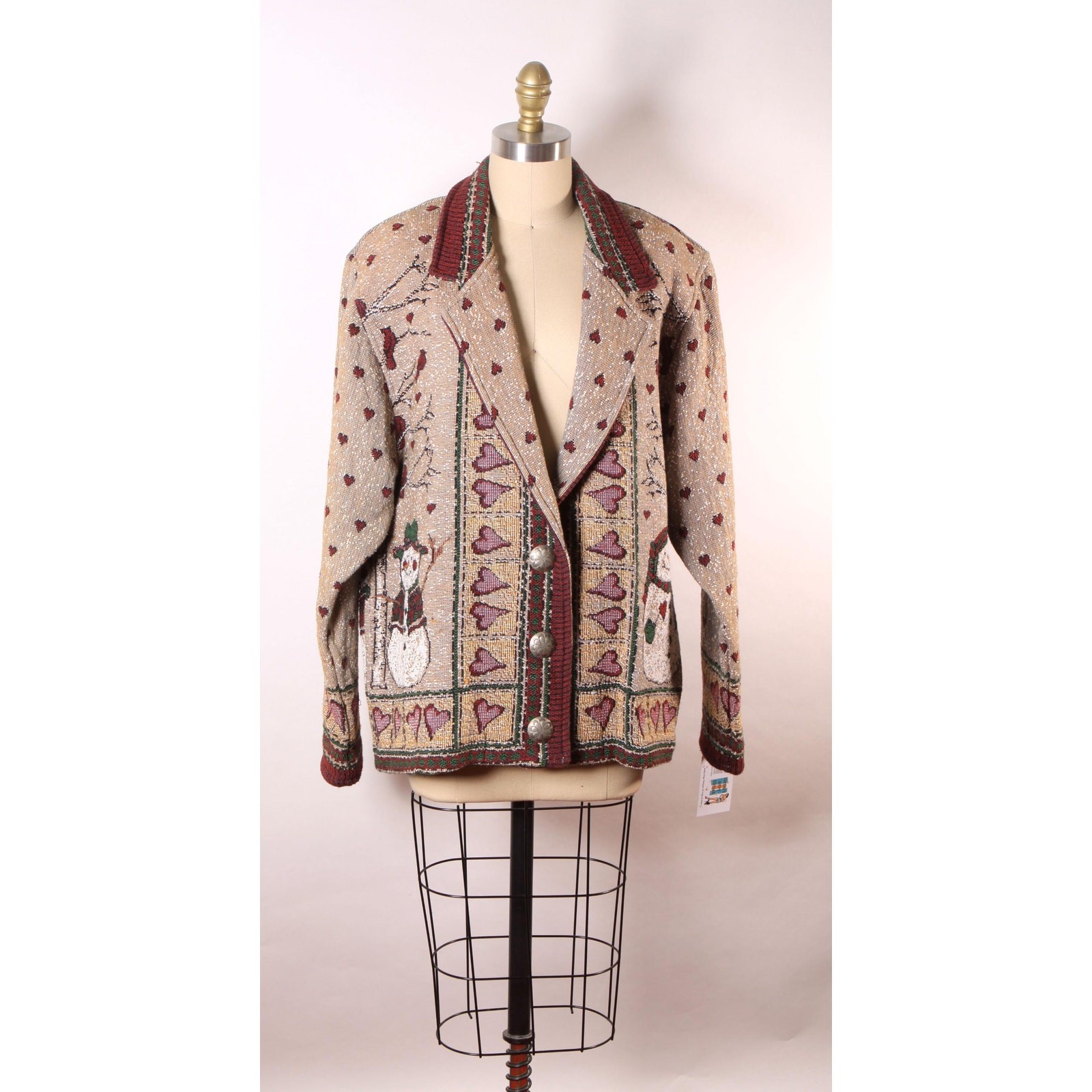 Giacca pupazzo di neve arazzo novità marrone rosso e verde anni 80 90 di Painted Pony