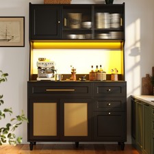 Kitchen Cupboard Storage Cabinet with Adjustable Shelves, Drawers & Rattan Doors