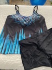 Tropical 2 Pc Tankini Swimsuit Womens XL Blue Floral Print Top Blk Boy shorts