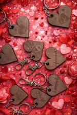 Personalized Wood Heart Keychain Laser Engraved Valentine s Gift / Keepsake