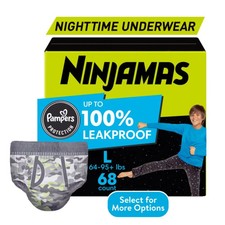 Ninjamas Boys Bedwetting Nighttime Underwear Size L 64-95 lbs 68 Count