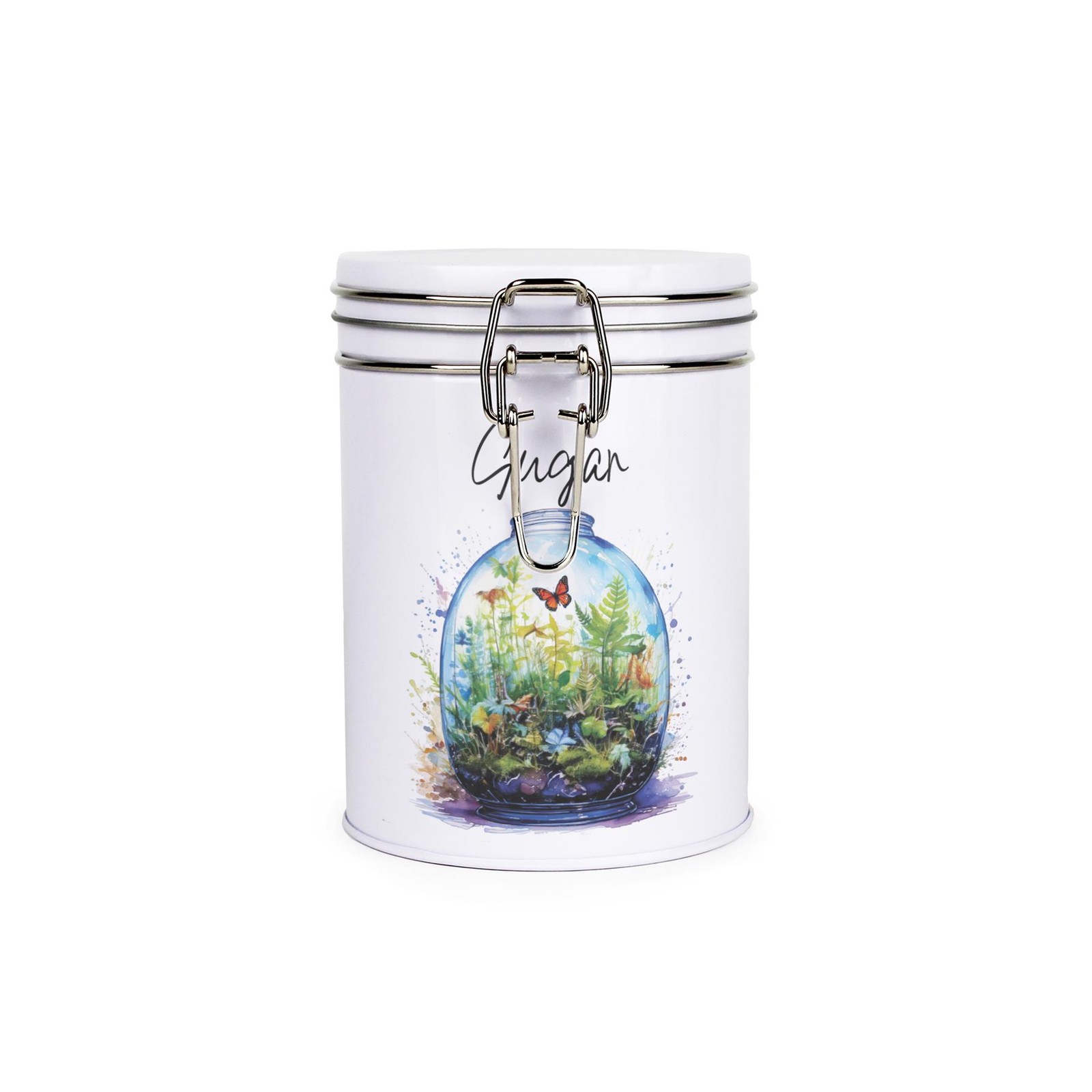 Plant Terrarium Sugar Canister - Metal Clip Lid Kitchen Storage Gift