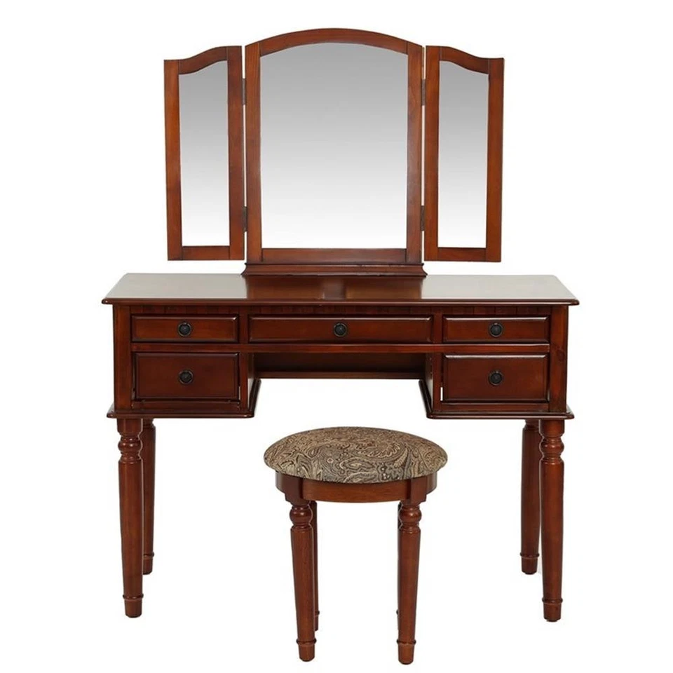 Juego de tocador de madera para muebles Poundex con espejo y taburete en color cereza Foto 3 de 4