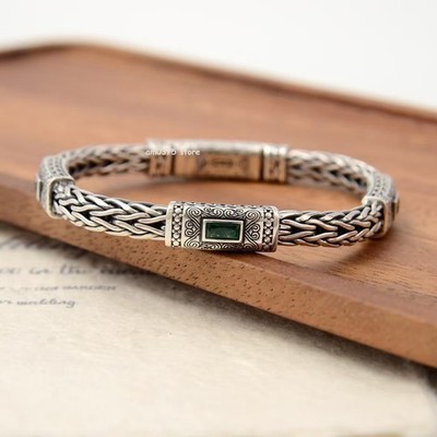 Echt 925 Sterling Silber Armband Damen Herren 6 mm grüner Stein Webverbindung 8,26 Zoll L