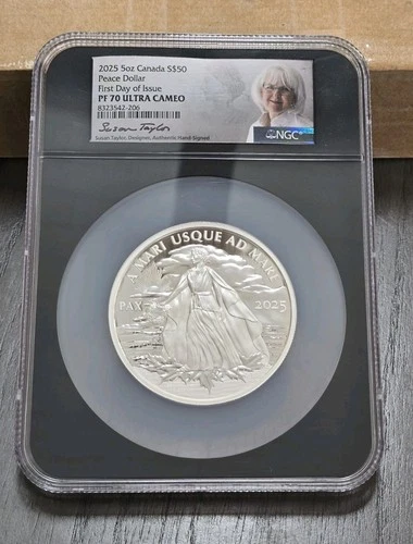 2025 5oz Canada S$50 Peace Dollar FDOI PF70 Ultra Cameo Designer Signed