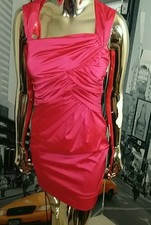 DAVID MEISTER Striking Bombshell Fitted Ruched Shiny Bright Pink Dress 2 NEW