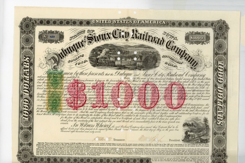1867.  $1000   Iowa.  Dubuque & Sioux City Railroad Company  Revenue Bond RN-W2