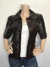 Hazel Medium Brown Faux Leather Cropped Button Jacket Lined Pockets
