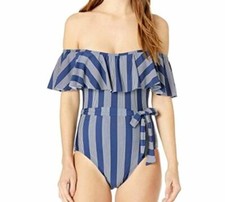 249 Splendid Women's Blue Stripe Ruffled Off Shoulder One Piece Swimsuit Size S