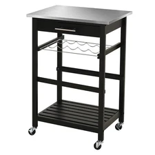 3-Tier Kitchen Rolling Island Cart with Storage Shelves Wine Rack Stainless Top