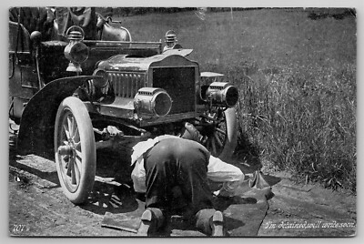I'm Detained Will Write Soon Old Car Broken Down C1900's DB Postcard N8