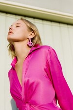ZARA Pink Satin Knot Shirt dress Sz M Cocktail Dress 🐣