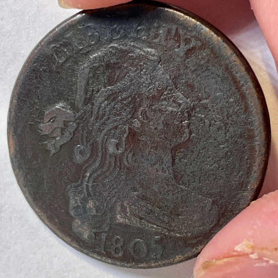 Moneda XF extremadamente fina de centavo grande busto drapeado 1805 S-267, corrosión #5917 Foto 3 de 4