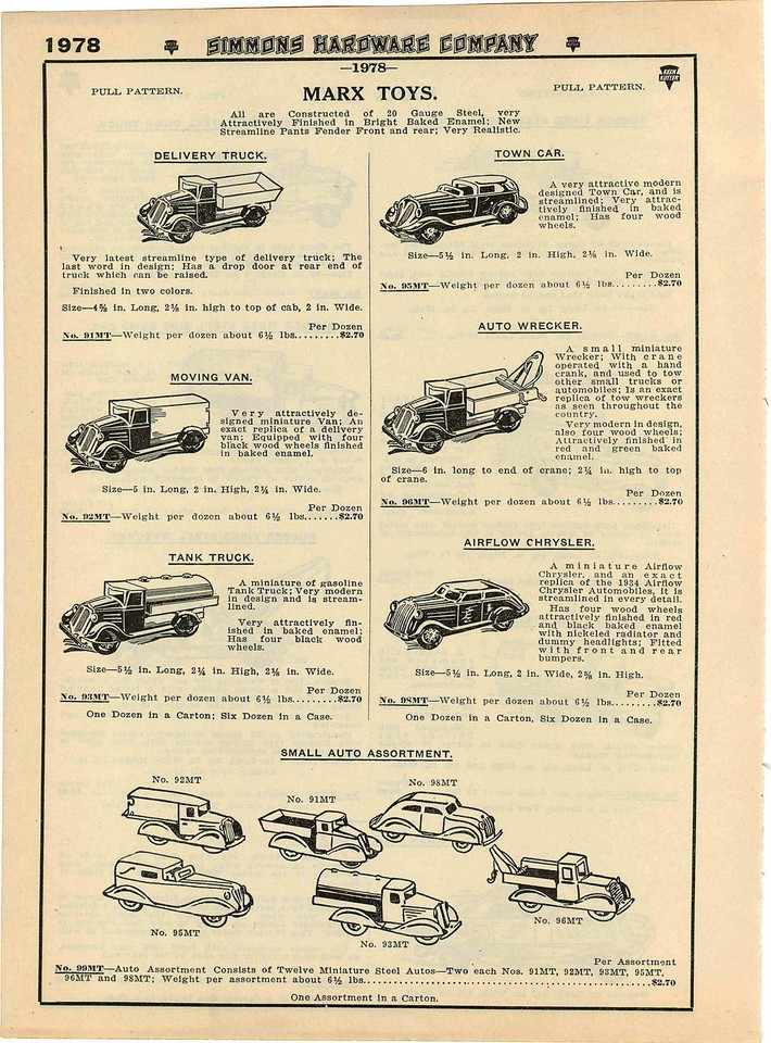 1935 ADVERT Marx Toy Trucks Cars Tow Wrecker Airflow Chrysler Tanker