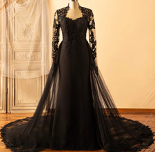 Elegant Black Wedding Dress with Removable Tulle Train, Queen Anne Neckline