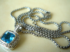DAVID YURMAN SS ALBION 7mm BLUE TOPAZ DIAMOND BOX CHAIN NECKLACE