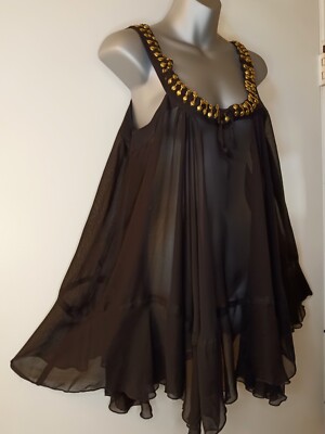 Sharagano Sheer Black Babydoll Nite Gown  Cover Up Top Gold Tone Studs Sz Medium
