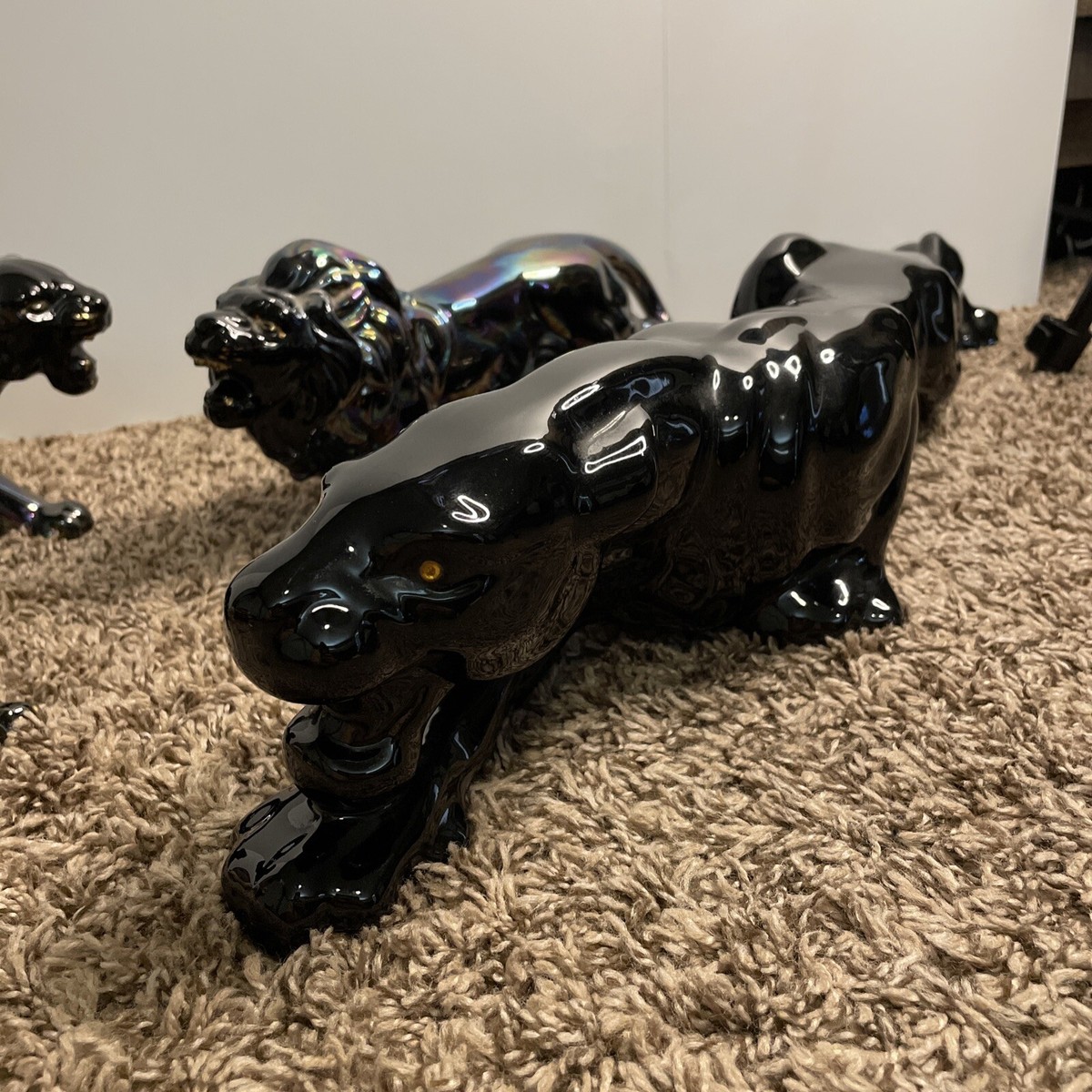 Vintage Ceramic Black Panther Ceramic Figurine Set Mid Century