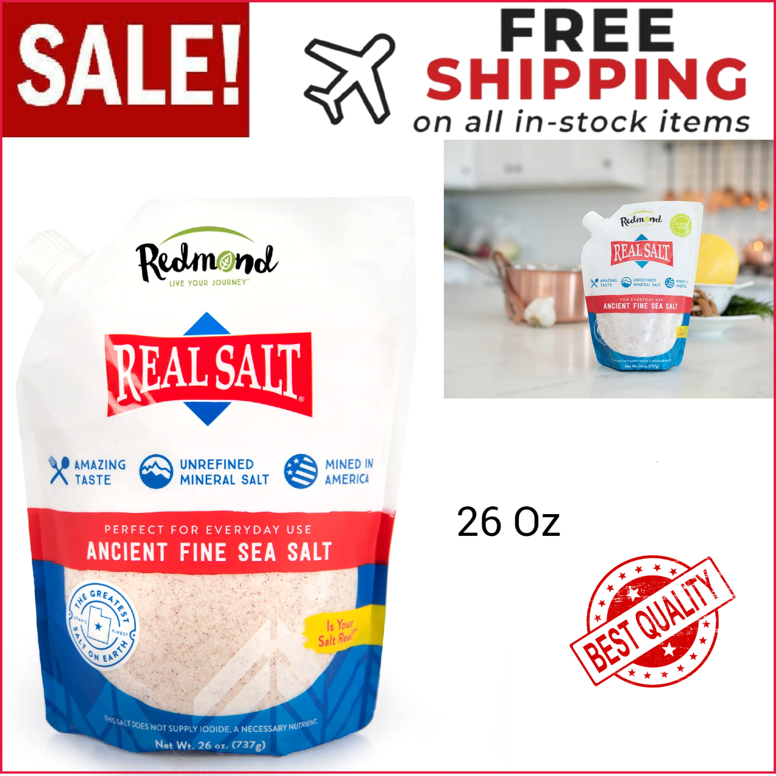 REDMOND Real Sea Salt Natural Unrefined Gluten Free Fine, 26 Ounce Pouch 1 Pack