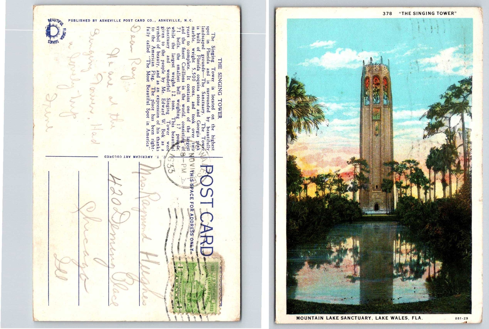 Lake Wales MOUNTAIN LAKE SANCTUARY SINGING TOWER Florida Postcard e124