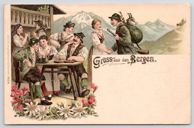 Gruss aus Bergen Outdoor Cafe Alps c1899 Postcard