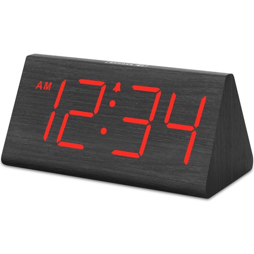 Wooden Digital Alarm Clocks for Bedrooms Desk Clock with Large Red