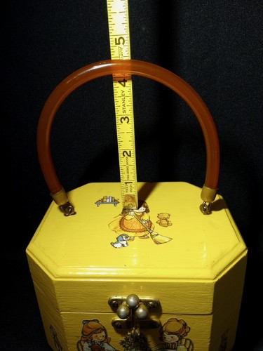 VTG Wooden Purse Handbag Lucite Handle Decoupage Octagonal With Butterfly Clasp - Picture 19 of 21