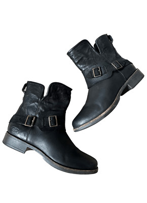 UGG Women's Cybele Buckly Biker Boots size 6 Leather Black