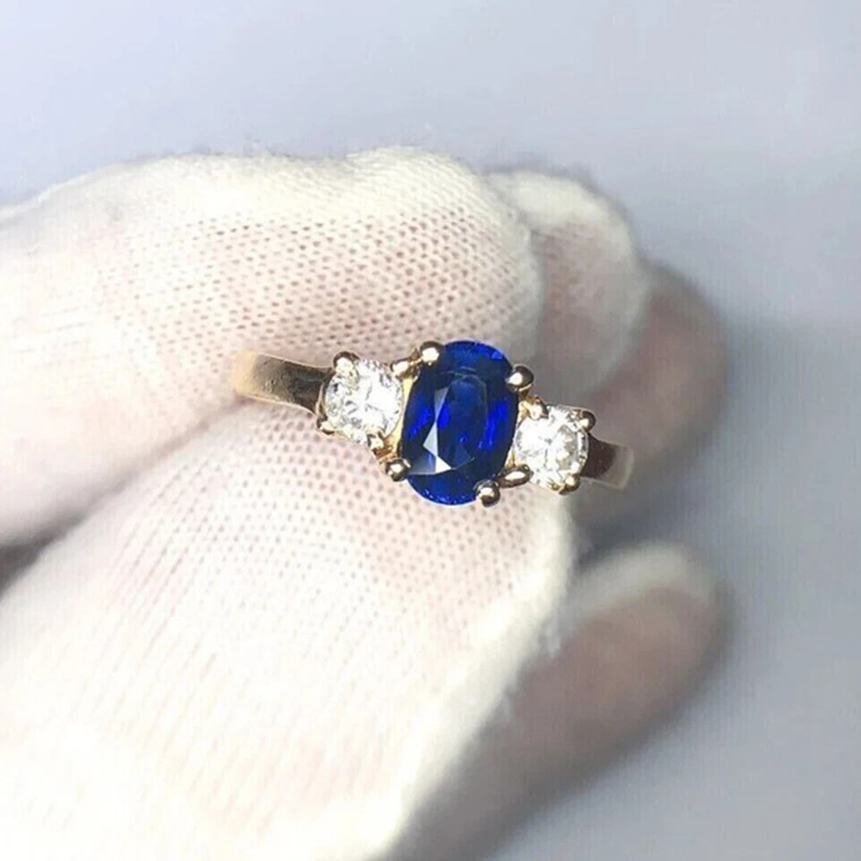 2.50 Ct Oval Cut Blue Sapphire Three-Stone Engagement Ring 14K Yellow Gold Over - Image 3 of 4