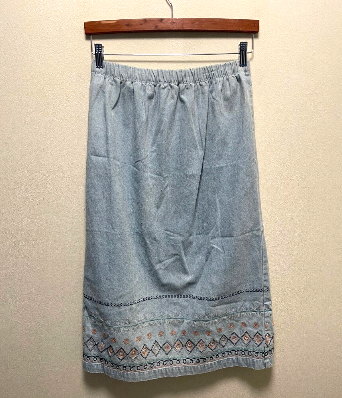 Womens Maxi Skirt Size Medium Denim Geometric Embroidered Pull On Boho 90s Y2K-image
