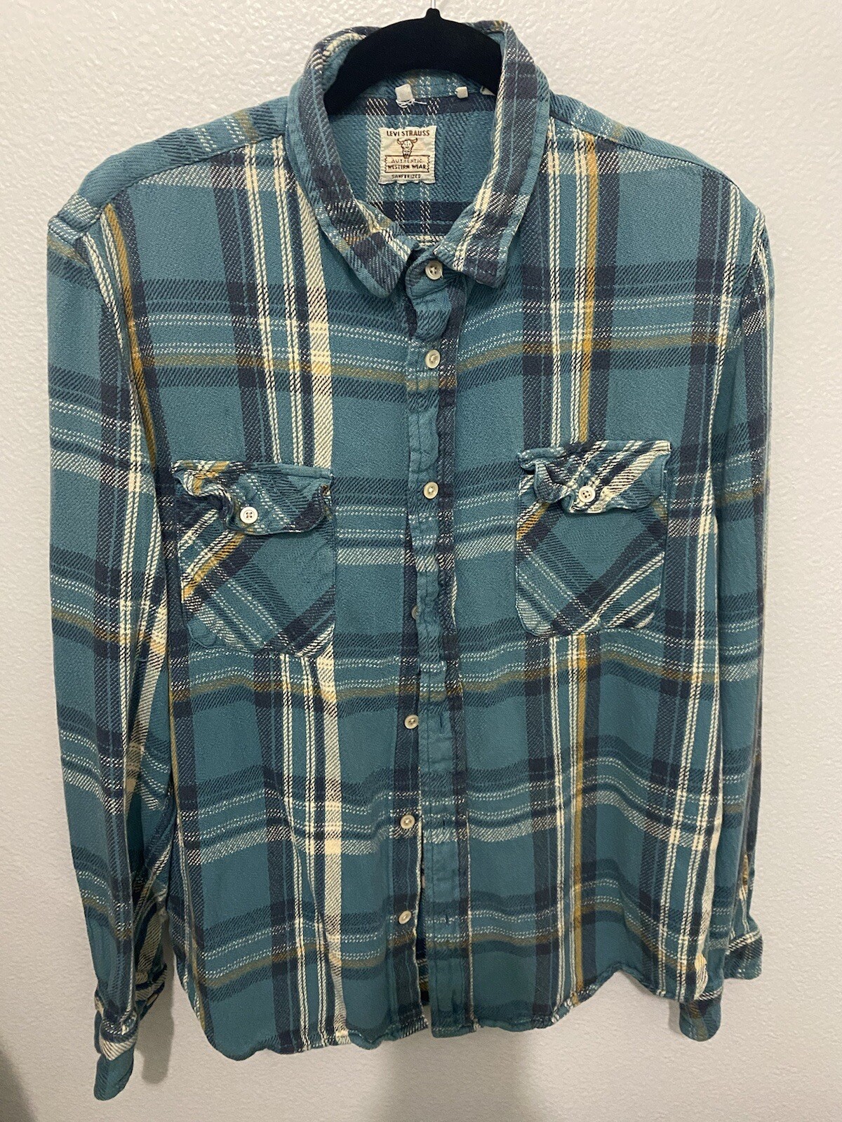 Levi's Vintage Clothing LVC Blue Beige and Teal Overshirt Size L Made In Italy