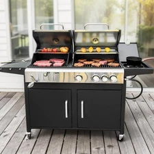 Dual Fuel BBQ Grill Propane Gas & Charcoal Grill with Side Burner Outdoor Black