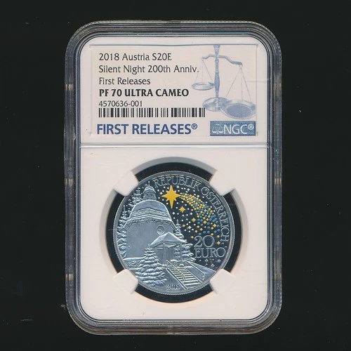 2018 AUSTRIA SILVER 20 EUROS ~ SILENT NIGHT 200TH ANNIV ~ NGC PF70 ULTRA CAMEO