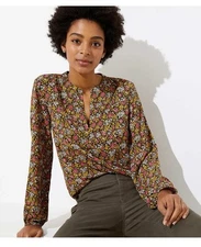 LOFT Wildflower Split Neck Blouse Black Plus Sz16