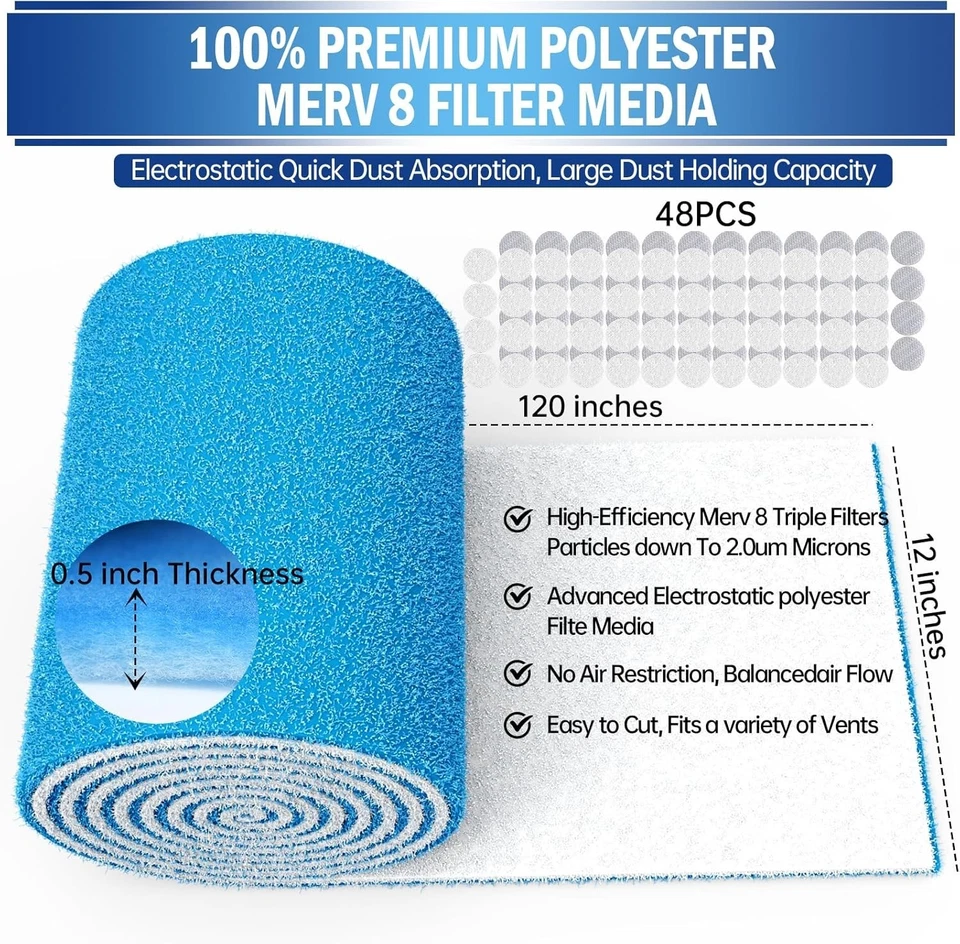 Effortless Air Filtration: 120"x12" MERV 8 Filters with Adhesive Hooks - Image 4 of 4