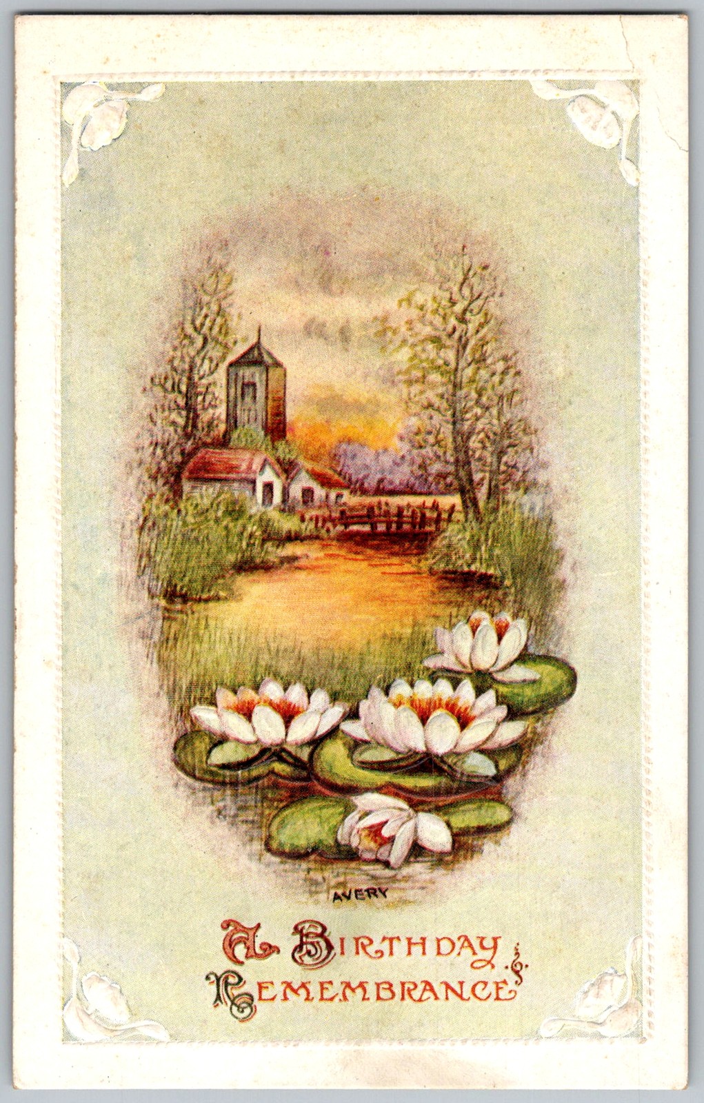 Antique Postcard Birthday Remembrance Water Lilies 1910s