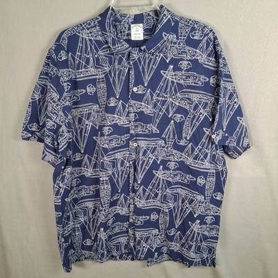 Brooks Brothers XL Regular Blue Sailboat Blueprint SS Loop Button Camp Collar