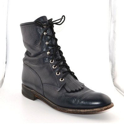 Justin Vintage Kiltie Lace Up Roper Boots Casual Blue Leather USA 8B Western